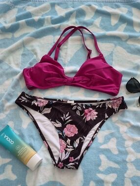 Women’s Magenta Bikini Top with Black Floral Bottom Swim Set